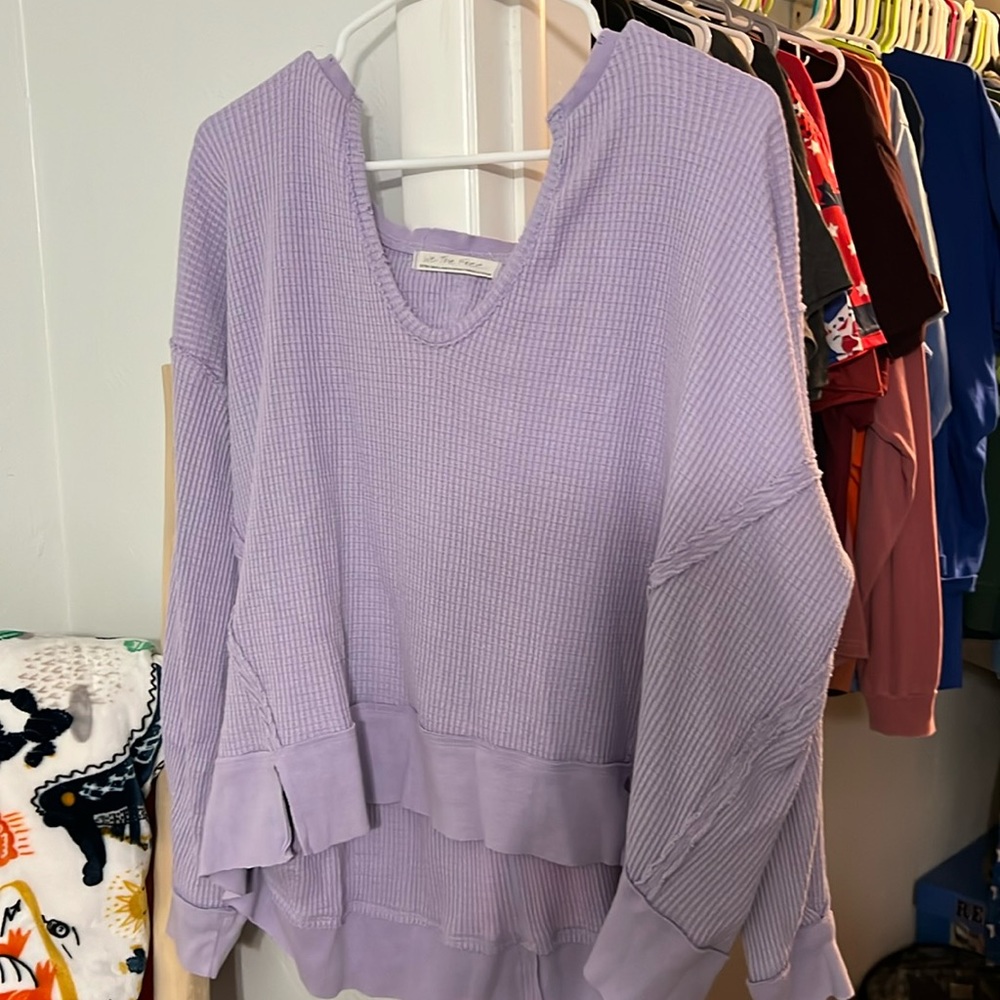 We The Free Lavender Off-the-Shoulder Waffle Knit Sweater